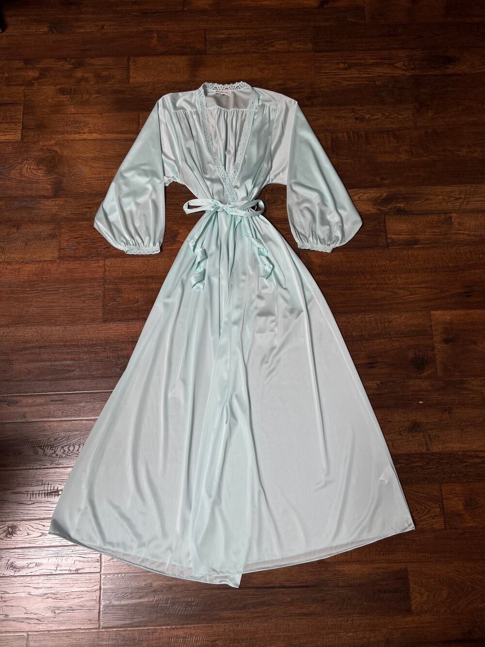 Vintage Miss Elaine Satin Tie Waist Robe Pastel Blue Floral Lace Full Length MED